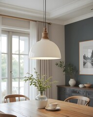 Scandinavian style pendant light, simple white shade, wood details, over dining table,
modern living room with table
