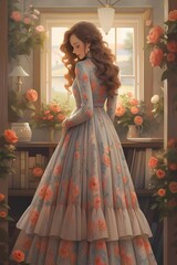 Fototapeta premium A young woman with long, wavy brown hair and floral print dress stands in a sunlit room, her eyes closed, surrounded by flowers and a bookshelf.