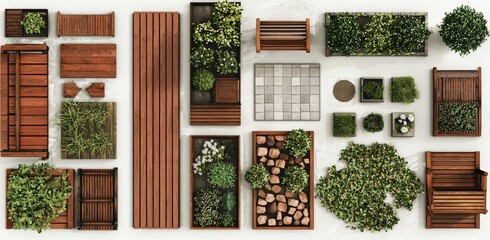 Unique cityscape details including wooden and stone fences from above.