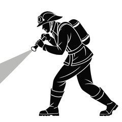 Obraz premium Firefighter holding flashlight crouched black illustration transparent background, silhouette