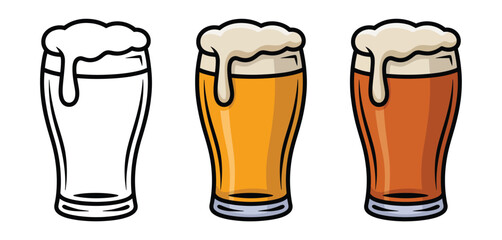 Three Pint Glasses of Beer Illustration Outline and Color