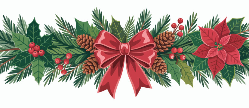 Festive Christmas Border with Holly Berries Pine Cones and Poinsettia