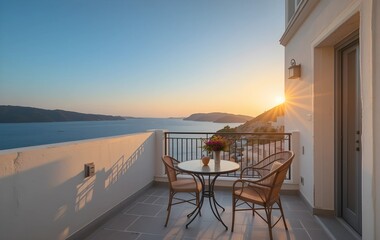 Mediterranean terrace with small balcony, iron table and rattan chairs. Soft golden lighting, blue sea view.