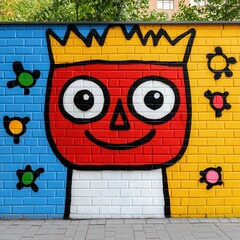 Playful Cartoon Mural on Brick Wall