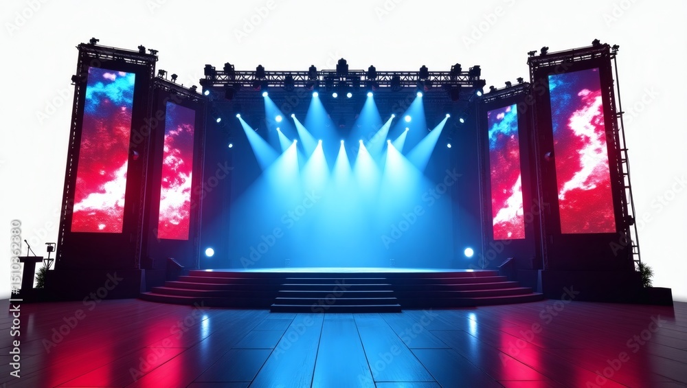 Poster empty stage with bright spotlights and large display screens, setting a modern and captivating atmosphere for an event or performance