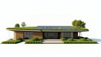 Obraz premium A modern house with solar panels and a green roof showcasing sustainable architecture and environmental friendliness