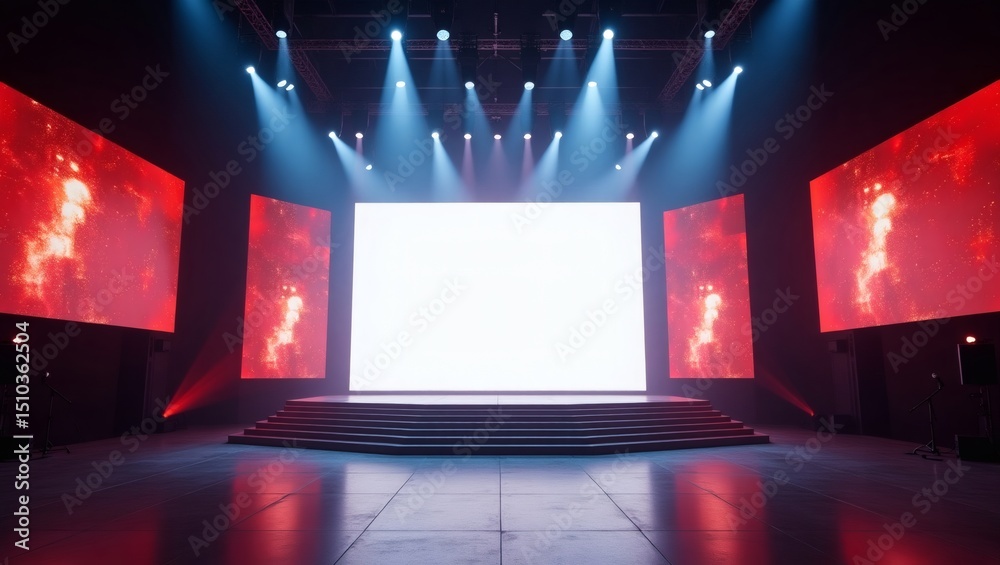 Poster an empty stage lit up by lights and screens, ready for a performance or presentation. the stage is t