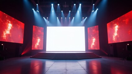 An empty stage lit up by lights and screens, ready for a performance or presentation. The stage is the focal point, with lights illuminating the empty space, creating a sense of anticipation