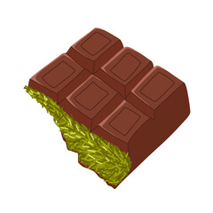 Cracked chocolate bar revealing pistachio paste center. Vector cartoon hand drawn dessert illustration. For confectionery packaging, promo materials, product designs, menu use, stickers