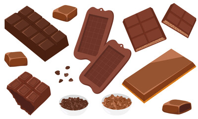 Milk and dark chocolate bar collection without filling. Classic solid pieces. Vector hand drawn art for packaging, ads, food blogs, catalogs, label design, recipe illustrations, product presentation