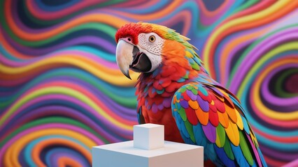 Fototapeta premium Parrot with Multicolored Feathers, Gazing at White Podium Mockup for Cosmetics, Products, Perfumes or Jewelry Against Colorful Swirl Background