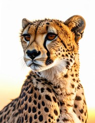 Close up portrait of a majestic cheetah with beautiful spots and expressive eyes against a brightly lit background in its natural African savanna habitat.