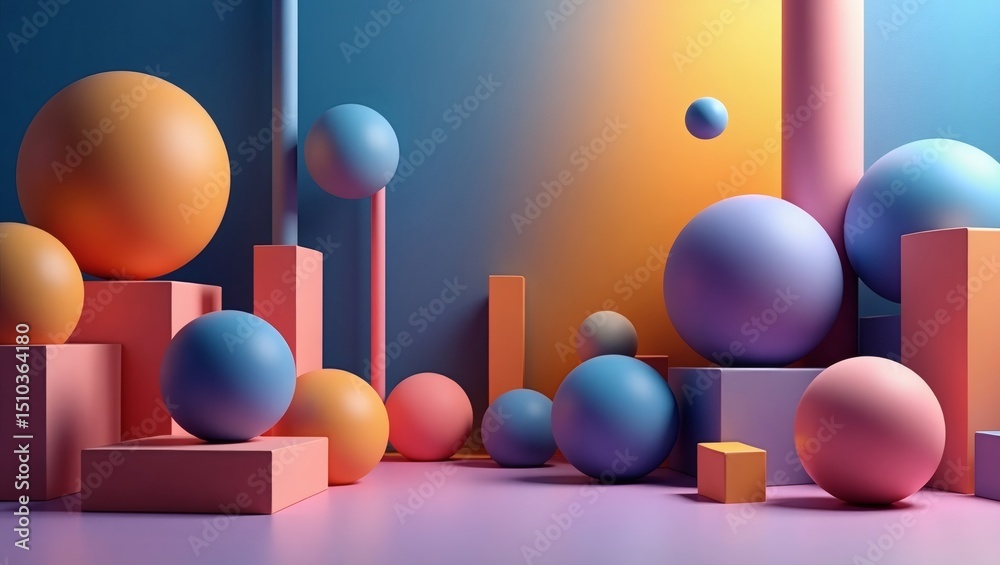 Poster abstract 3d render of colorful spheres and geometric shapes, creating a modern and artistic composition