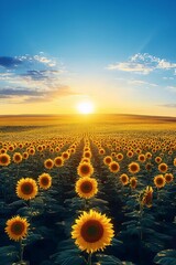 Fototapeta premium Sunflower Sunset: A breathtaking view of a vast sunflower field stretching towards a vibrant sunset. The sun dips below the horizon, casting a warm golden light across the landscape. 