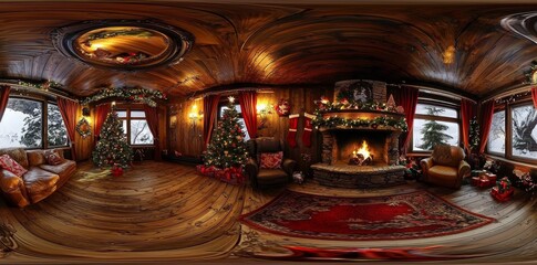 Stunning seamless 360 panorama featuring a classic Christmas interior design.