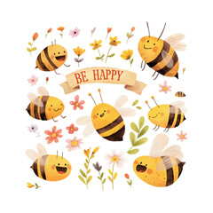 Cheerful bees gathering flowers in a playful garden setting, bringing joy and positivity to all