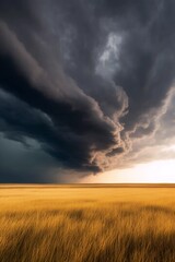 Stormy Sky over Golden Field: A dramatic, dark storm cloud formation hangs low over a vast, golden wheat field, creating a breathtaking contrast between the ominous sky and the tranquil landscape.