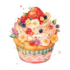 Delightful cupcake topped with cream, berries, and a strawberry, perfect for celebrations and desserts