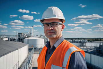 Engineer working at electrical substation with blue sky background on a sunny day