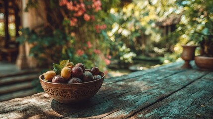 Garden setting with bowl of fruits on wood, shallow focus, copyspace to the side 
