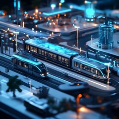 Futuristic City Train Station Night Modern Transportation 3d rail blue dark urban model light lines 