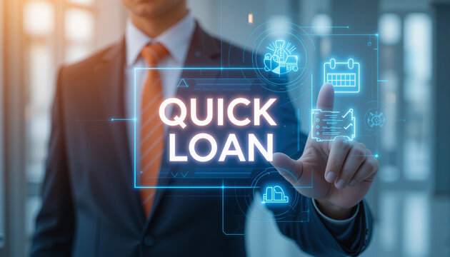 Business man working on virtual touch screen presses inscription QUICK LOAN. Concept of quick and easy loan, fast money providence, business and finance services.