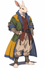 Obraz premium Confident white rabbit anime character standing against white background, dressed in medieval fantasy outfit, red eyes, whiskers.