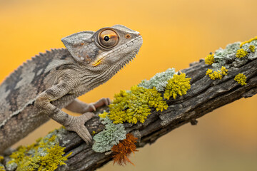 Obraz premium Macro portrait of a chameleon with big eyes, perched on a lichen-covered branch. Vibrant golden yellow blurred background, wildlife close-up. generative ai