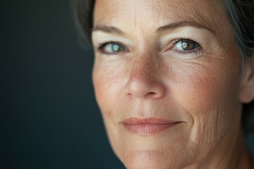 Fototapeta premium Portrait of a woman with no makeup, emphasizing freckles, gray hair, or natural textures.