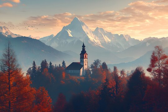 Iconic picture of Bavaria with Maria Gern church with Hochkalter peak on background. Fantastic autumn sunrise in Alps. Superb evening landscape of Germany countryside. Traveling concept background.