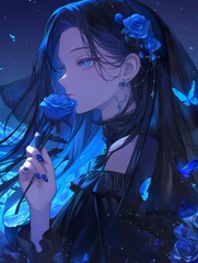 Young anime character holding blue rose, blue nail polish, butterfly patterned choker, deep blue night sky with floating black veil and scattered blue flowers