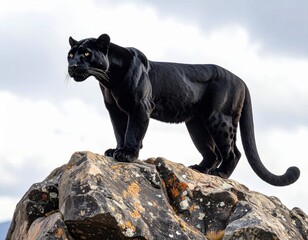 Obraz premium A majestic black panther stands powerfully on a rocky peak against a bright sky, showcasing its muscular build and sleek dark fur in the natural sunlight outdoors.