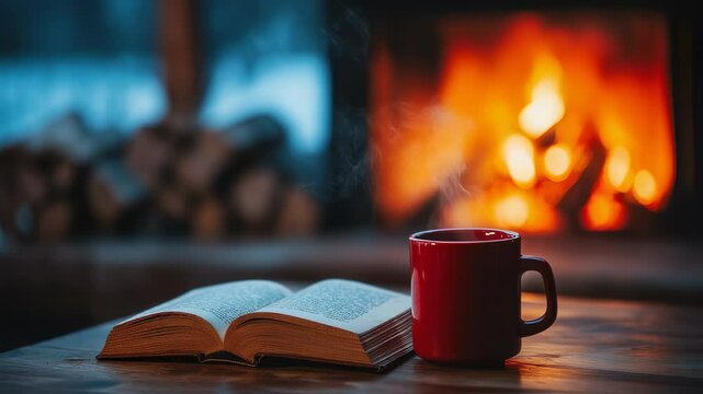 A cozy evening concept with a steaming mug, book and fireplace warmth