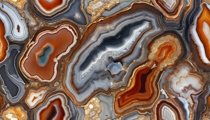 Vibrant and captivating textures of agate mineral stone reveal layered patterns in rich earthy tones, showcasing natures artistry and unique formations in each piece Generative AI