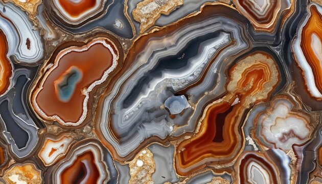 Vibrant and captivating textures of agate mineral stone reveal layered patterns in rich earthy tones, showcasing natures artistry and unique formations in each piece Generative AI