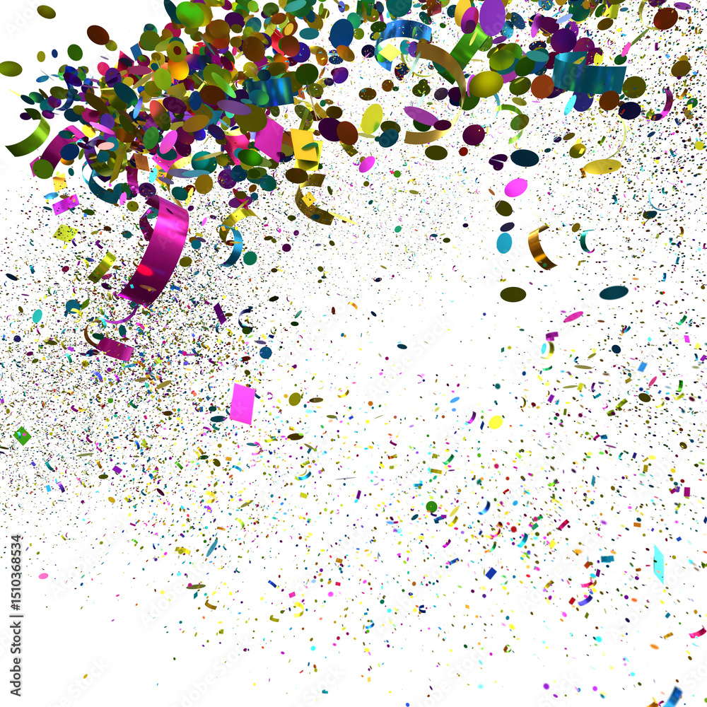 Poster Celebrate with this vibrant image of colorful confetti and ribbons exploding on white background. Perfect for party invitations, celeb
