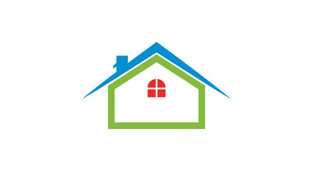 Obraz premium Stylized House Outline with Blue Roof Green Frame and Red Window