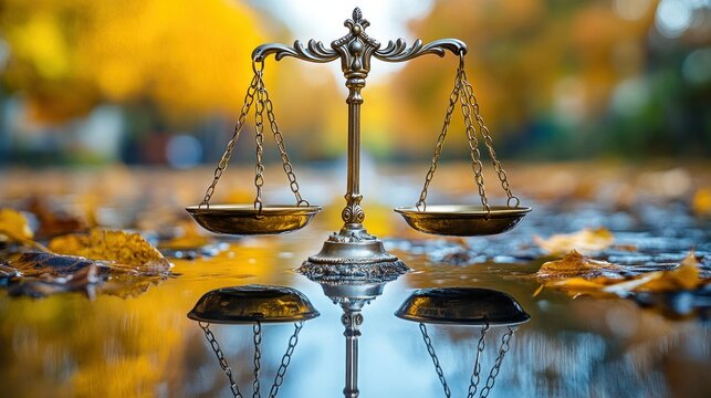 Autumnal scales of justice reflected in a puddle