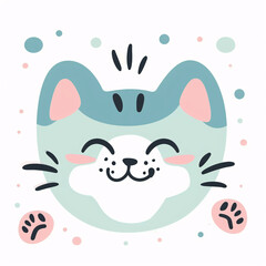 Obraz premium Cute smiling cartoon cat face with paws and pastel colors, flat vector illustration for children’s design and animal-themed artwork 