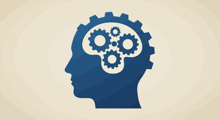 Blue Head Silhouette with Gears Inside Representing Thought Process