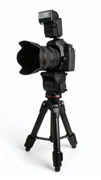 A professional digital single lens reflex camera with a lens hood and flash is mounted on a sturdy black tripod against a clean and bright white background.