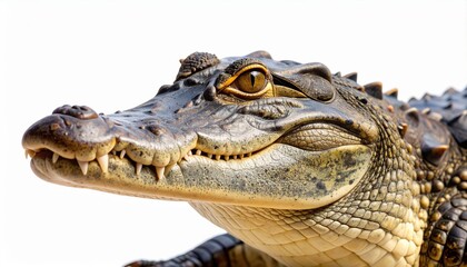 Obraz premium Close-up shows a captivating alligator with detailed skin, powerful jaws, and teeth against a bright white backdrop, embodying strength and nature's marvel.
