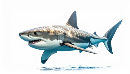 Fototapeta premium A majestic great white shark gracefully swims in the clear ocean waters, showcasing its powerful physique and teeth in a captivating underwater scene.