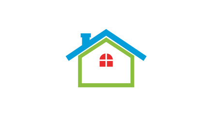 Obraz premium Stylized House Icon with Blue Roof Green Walls and Red Window