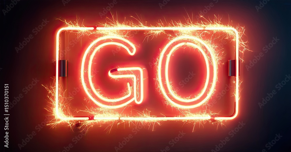 Aufkleber bright neon sign displays go within rectangular frame. sparks emanate from glowing lines against dar