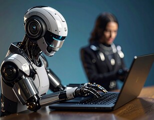 woman Versus Robot In Office Job Takeover, both working on laptop