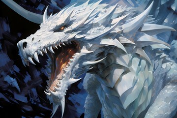 Majestic anime white dragon with orange eyes against dark blue background