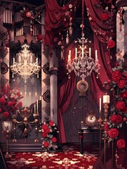 Grand room interior with red carpet, chandeliers, flowers.