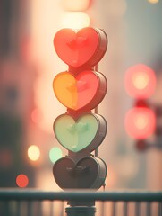 Anime heart shaped traffic light against blurred cityscape, tilt shift bokeh effect