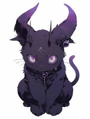 Small black cat with purple horns and bell collar on white background.